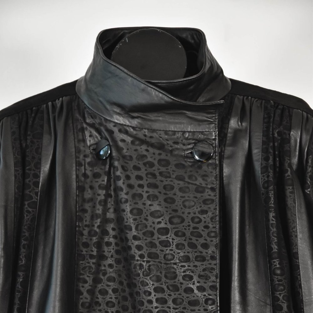 Vintage 80s Black Leather and Suede Trench Coat - Picture 3 of 11